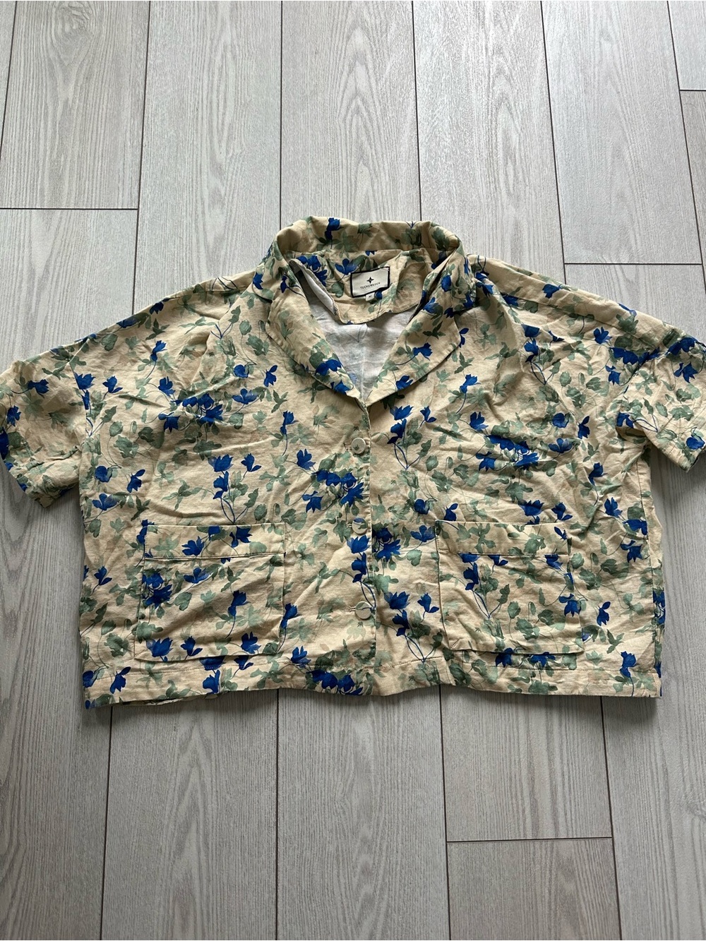 Women's Floral Button-Up Shirt in Beige with Blue Flowers linen and cotton